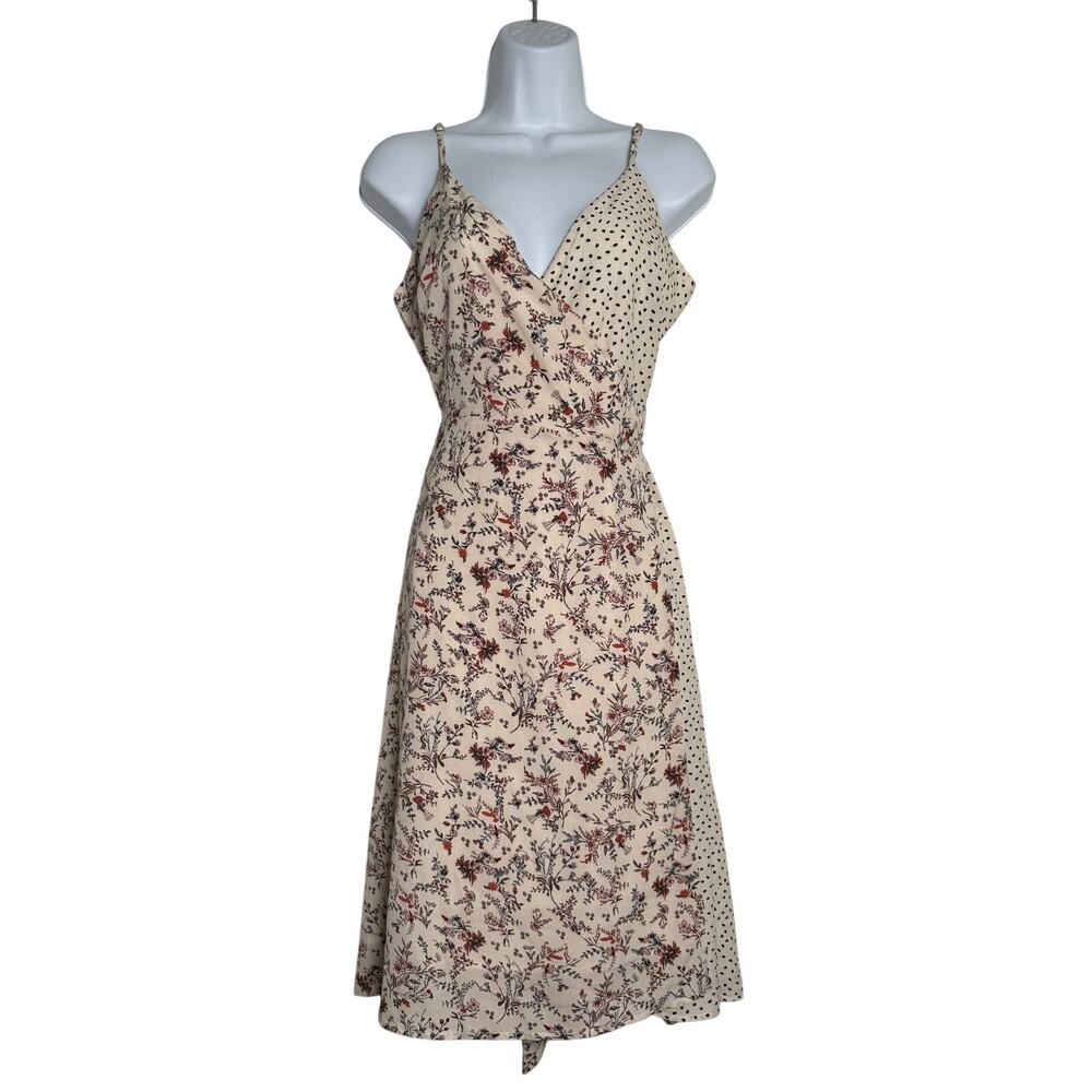 Paper Crane Wrap Dress Floral Polka Dots Size MEDIUM Gray Brown Off White Lined